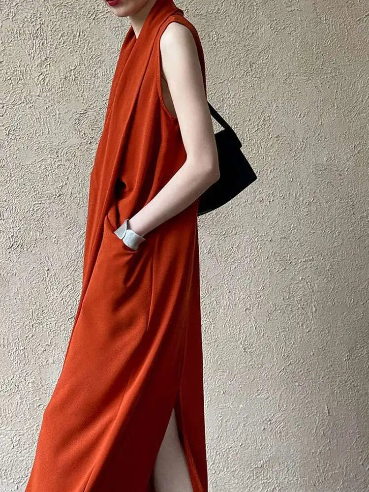 Women Orange Pocket Knot Elegant  Long Big Size Dress New V-Neck Sleeveless Fashion Tide Spring Summer 2025 1DH6380