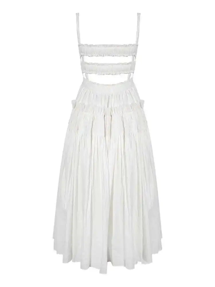 Women White Sling Backless Pleated Shrink Waist Slim Vintage Dress New Square Collar Fashion Spring Autumn 2025 JF54801