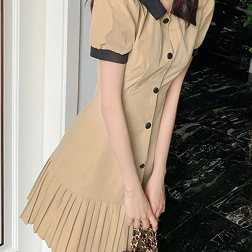 Load image into Gallery viewer, Trumpet Spell Color Polo Women&#39;s Dresses Summer Office Ladies Puff Sleeve Slim Waist Chic Buttons Fashion Female Dress
