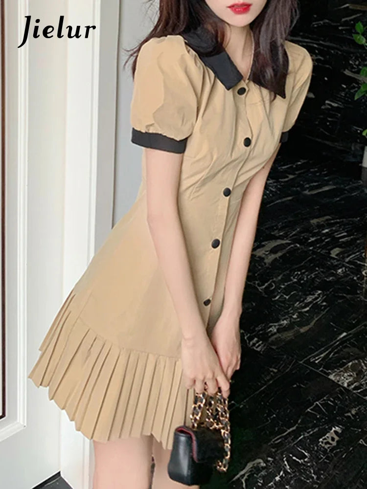 Trumpet Spell Color Polo Women's Dresses Summer Office Ladies Puff Sleeve Slim Waist Chic Buttons Fashion Female Dress