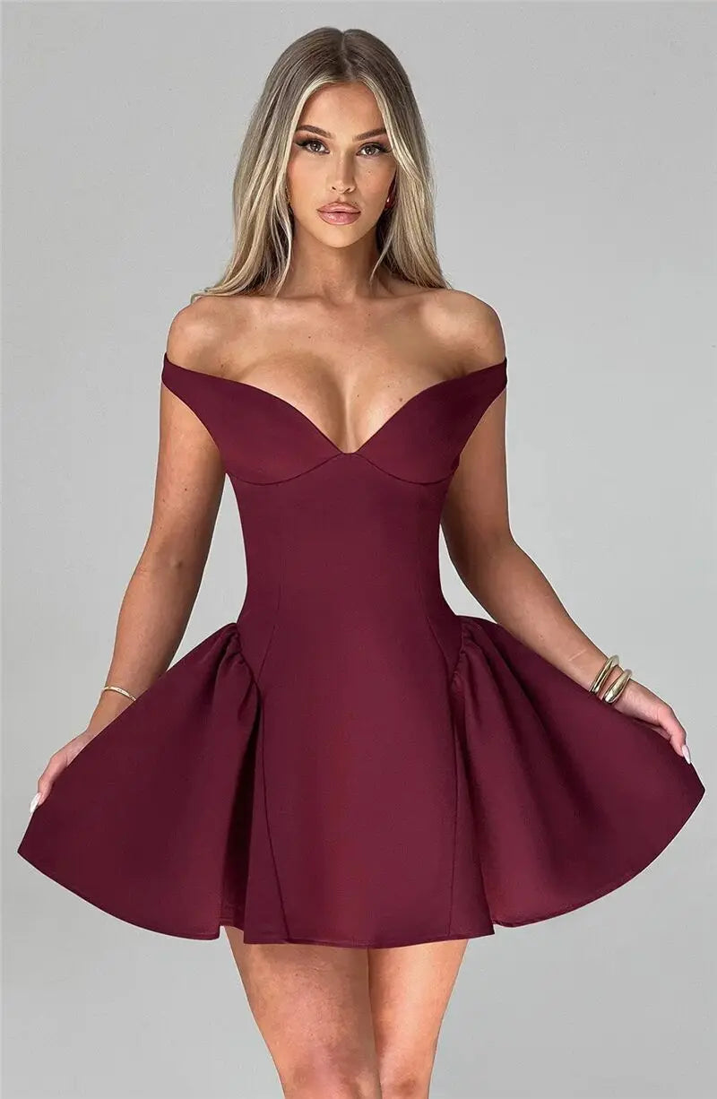 Off-shoulder Backless Sexy Mini Dress For Women Wine Red Sleeveless Strapless High Waist A-line Club Party Sexy Dress