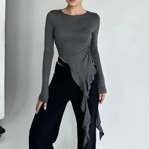 Load image into Gallery viewer, Y2k Aesthetic Irregular Ruffled Crop Tops Vintage Harajuku Autumn Solid T-Shirt Streetwear Sexy Slim Fit Pleated Grunge Shirt

