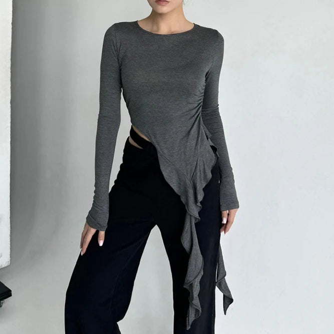 Y2k Aesthetic Irregular Ruffled Crop Tops Vintage Harajuku Autumn Solid T-Shirt Streetwear Sexy Slim Fit Pleated Grunge Shirt