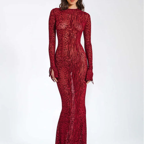 Load image into Gallery viewer, Fashion Long Sleeved Hollow Out Open Back Mesh Dress For Women Print Elegant Female New Slim Party Evening Dress 2024
