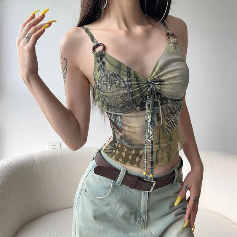 Grunge Fairycore Sexy Mesh Top Strap Drawstring Printed Transparent Summer Crop Tops Women Camisole 2000s Aesthetic