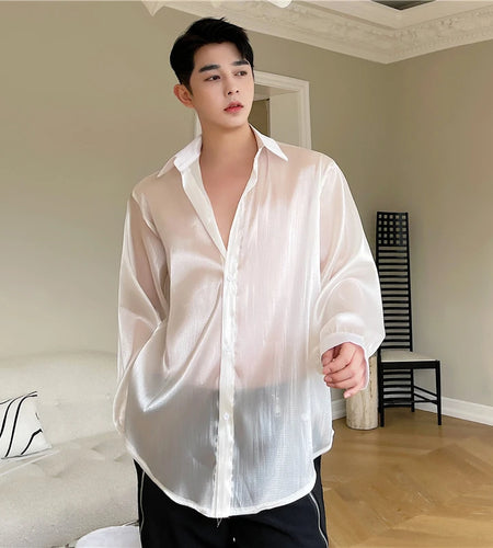 Men's Shirts Long Sleeve Design New Summer Smooth Loose Solid Color Trendy Casual Thin Male Shirt 2025 Korean Style 9W1546