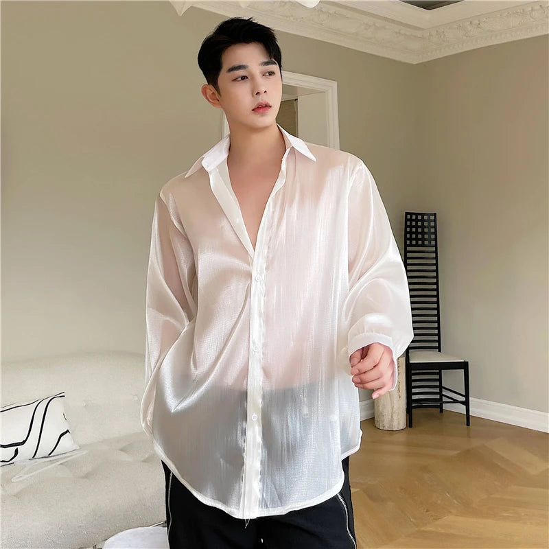 Men's Shirts Long Sleeve Design New Summer Smooth Loose Solid Color Trendy Casual Thin Male Shirt 2025 Korean Style 9W1546