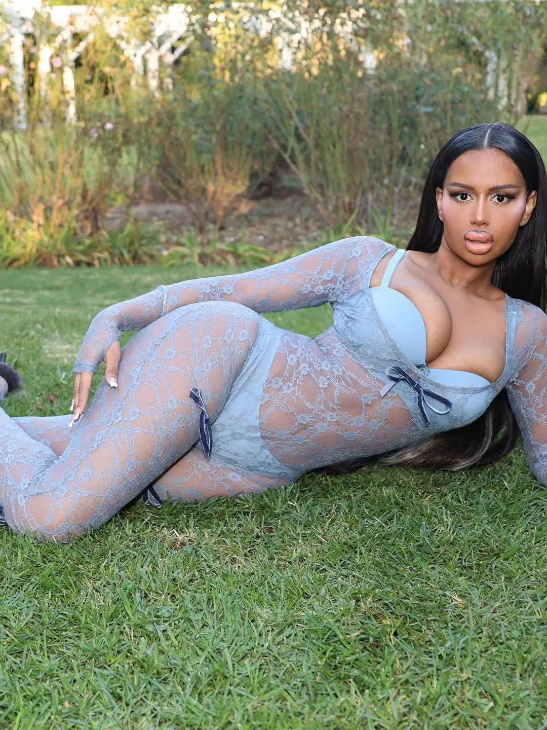 Sexy Lace Long Sleeved Deep V Jumpsuit For Women's Tight Fitting Print Transparent Female Romper Party Club Clothing