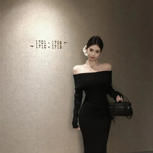 Load image into Gallery viewer, Retro Solid Sexy Club Long Sleeve Off Shoulder Knitted Dress Autumn French Style Chic Slim Long Sleeves Elegant Wrap Hip Dresses
