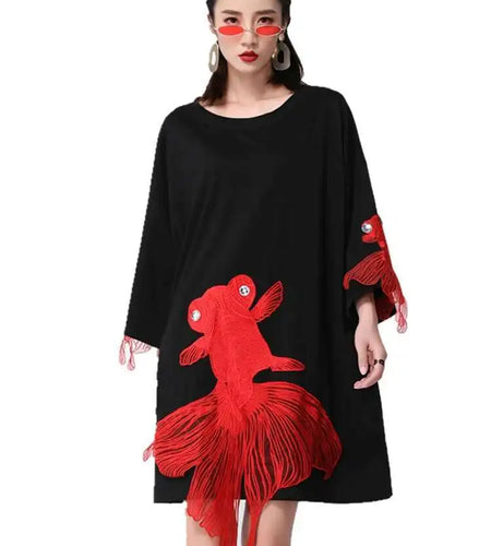 Women Black Fish Embroidery Knee Length Big Size Dress New Round Neck Wrist Sleeve Fashion Tide Spring Autumn 2025 OA868