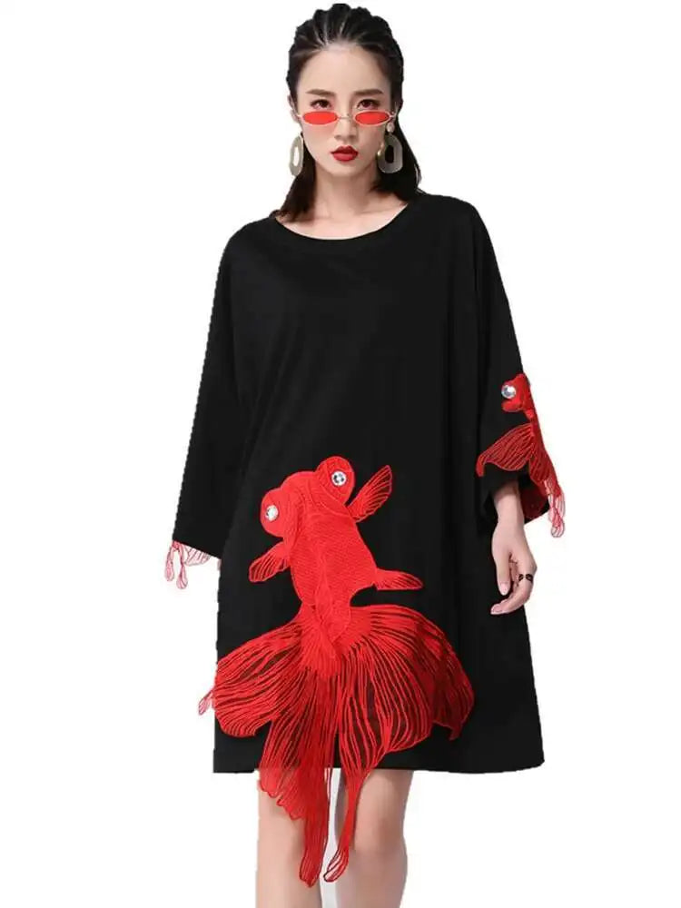 Women Black Fish Embroidery Knee Length Big Size Dress New Round Neck Wrist Sleeve Fashion Tide Spring Autumn 2025 OA868
