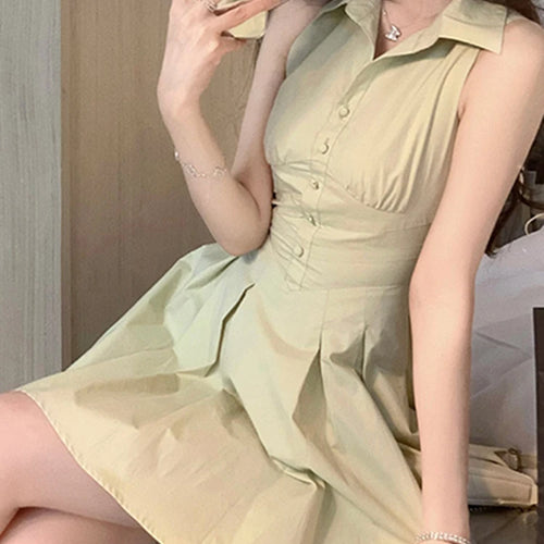 Load image into Gallery viewer, Green Sleeveless Polo Shirt Dresses Summer Solid Color Slim Waist Button Fashion Female Dress Vacation Casual Streetwear
