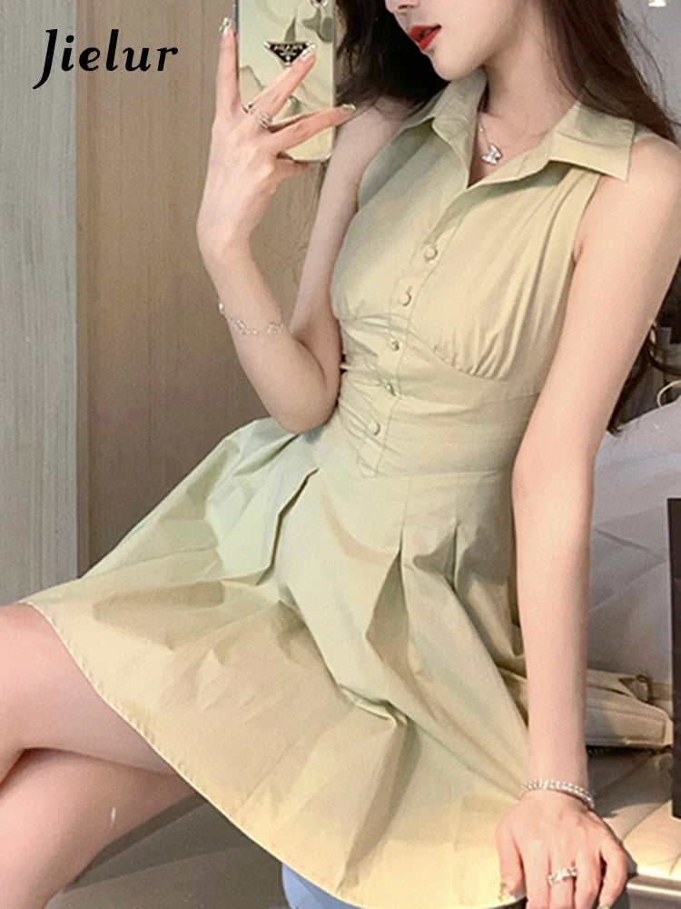 Green Sleeveless Polo Shirt Dresses Summer Solid Color Slim Waist Button Fashion Female Dress Vacation Casual Streetwear