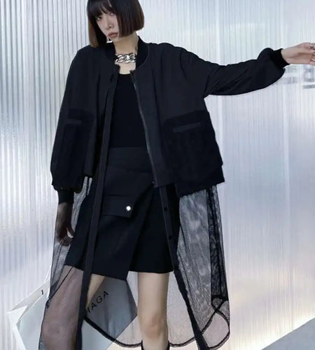 Black Hem Mesh Big Size Irregular Jacket New Stand Collar Long Sleeve Women Coat Fashion Tide Spring Autumn 2025 1DE1813