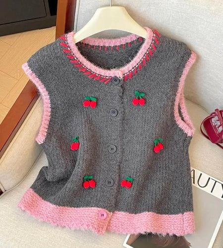 Women Grey Patchwork Cherry Embroidered Knitted Vest Tops Autumn Winter New Single Breasted Round Neck Short Waistcoat Sweater