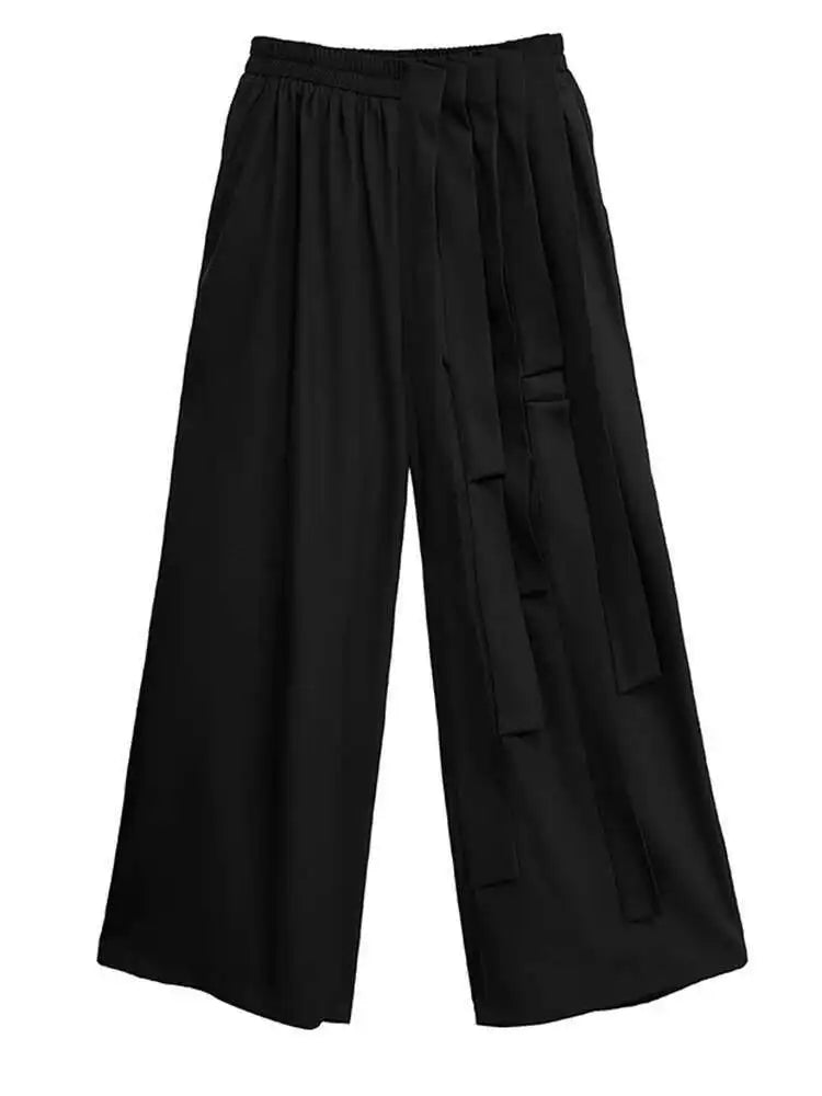 High Elastic Waist Black Buckle Spliced Long Wide Leg Pants New Trousers Women Fashion Tide Spring Autumn 2025 1DJ0632
