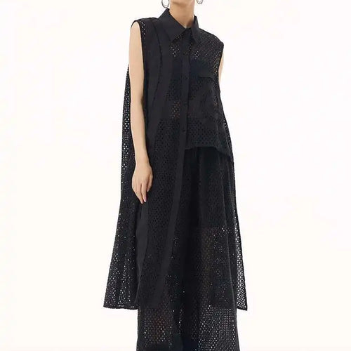 Load image into Gallery viewer, Women White Hollow Out Big Size Long Elegant Shirt Dress New Lapel Sleeveless Fashion Tide Spring Autumn 2025 1DH9424
