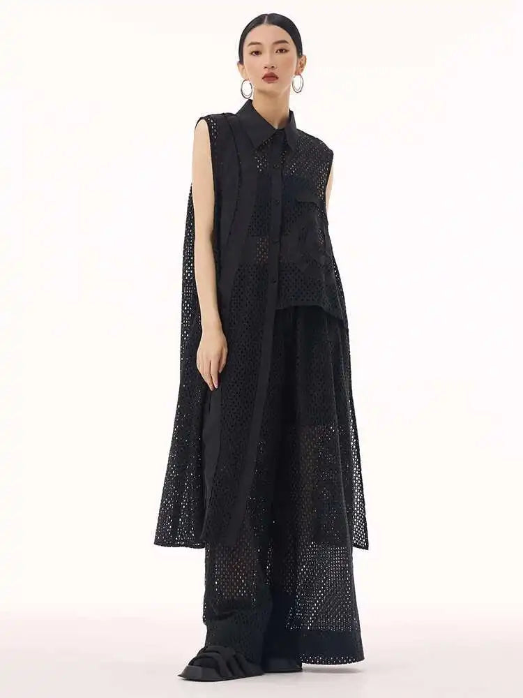 Women White Hollow Out Big Size Long Elegant Shirt Dress New Lapel Sleeveless Fashion Tide Spring Autumn 2025 1DH9424