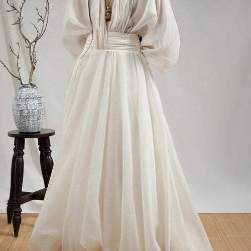 Load image into Gallery viewer, Loose Sheer Spliced Folds Sexy Dresses for Women V Neck Long Sleeves High Waist Fashion Dress Female Clothing New
