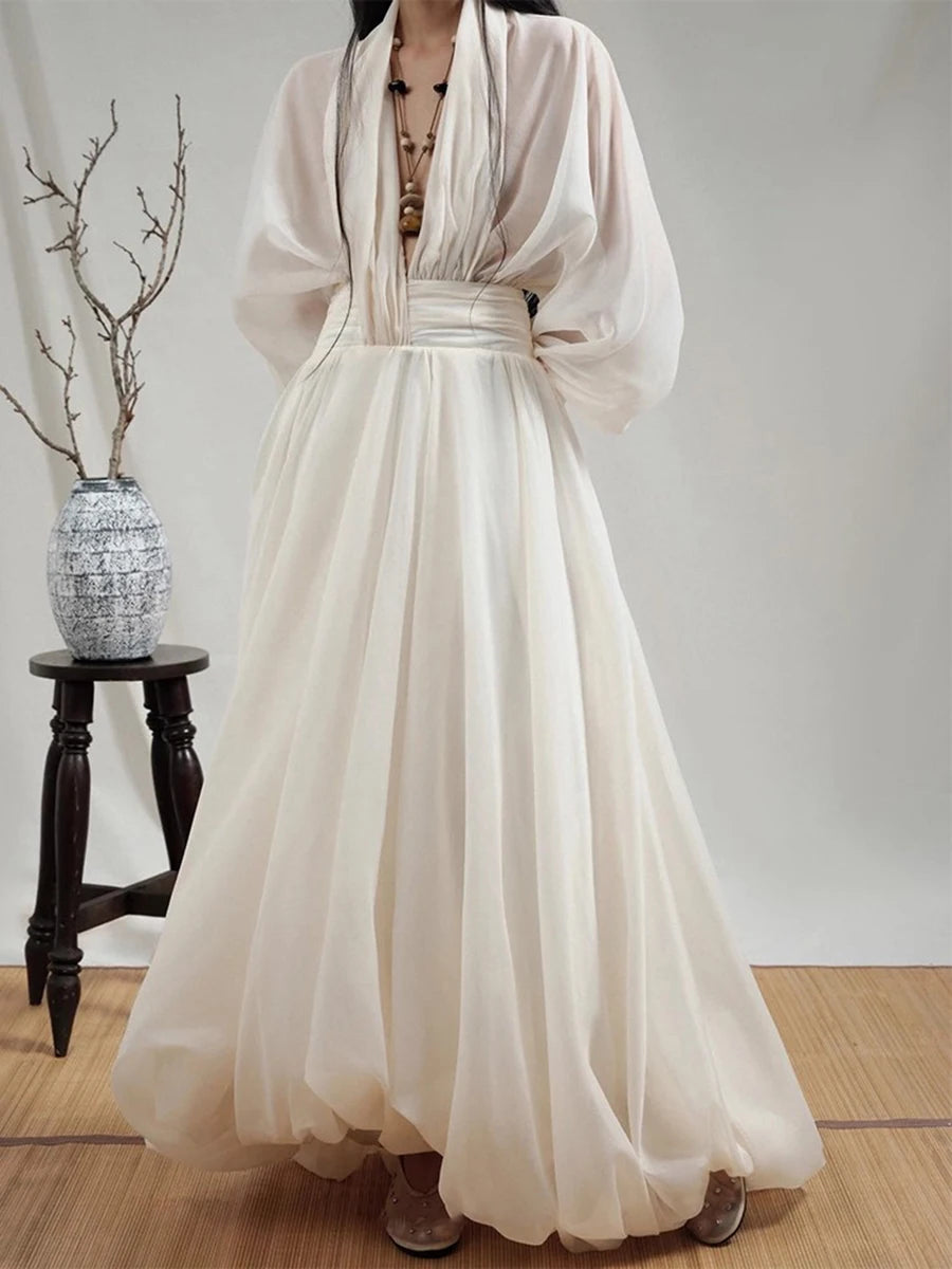 Loose Sheer Spliced Folds Sexy Dresses for Women V Neck Long Sleeves High Waist Fashion Dress Female Clothing New