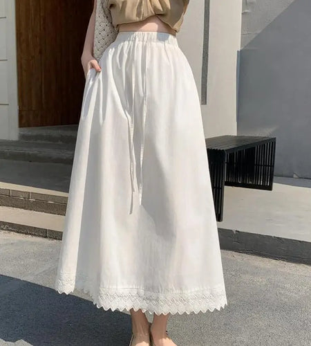 French Black White Patchwork Lace High Waist Vacation Pleated Long Skirt Spring Summe Women Retro Elegant Drawstring Party Skirt
