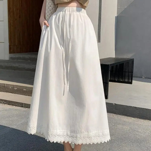 Load image into Gallery viewer, French Black White Patchwork Lace High Waist Vacation Pleated Long Skirt Spring Summe Women Retro Elegant Drawstring Party Skirt
