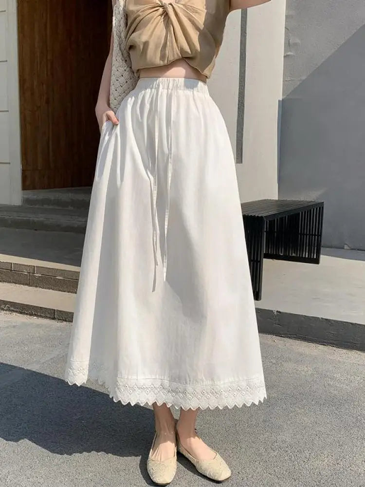 French Black White Patchwork Lace High Waist Vacation Pleated Long Skirt Spring Summe Women Retro Elegant Drawstring Party Skirt