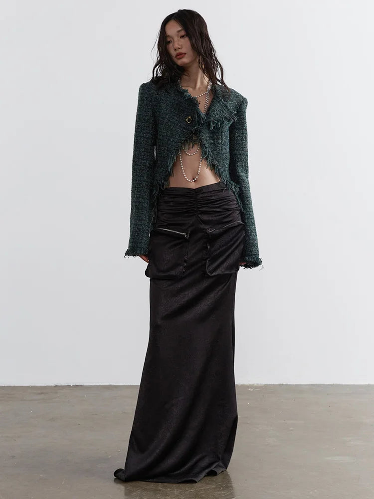 Green Irregular Hem Burr Vintage Tweed Jacket New V-neck Long Sleeve Women Coat Fashion Tide Spring Autumn 2025 1DH4720