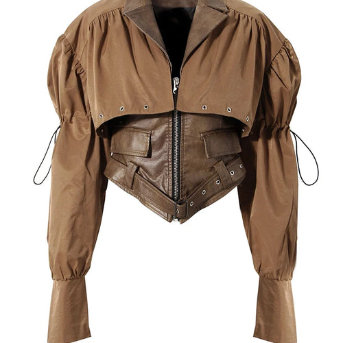 Load image into Gallery viewer, Coffee Pleated Belted Drawstring Leather Jacket New Lapel Long Sleeve Women Coat Fashion Tide Spring Autumn 2025 1DF5260
