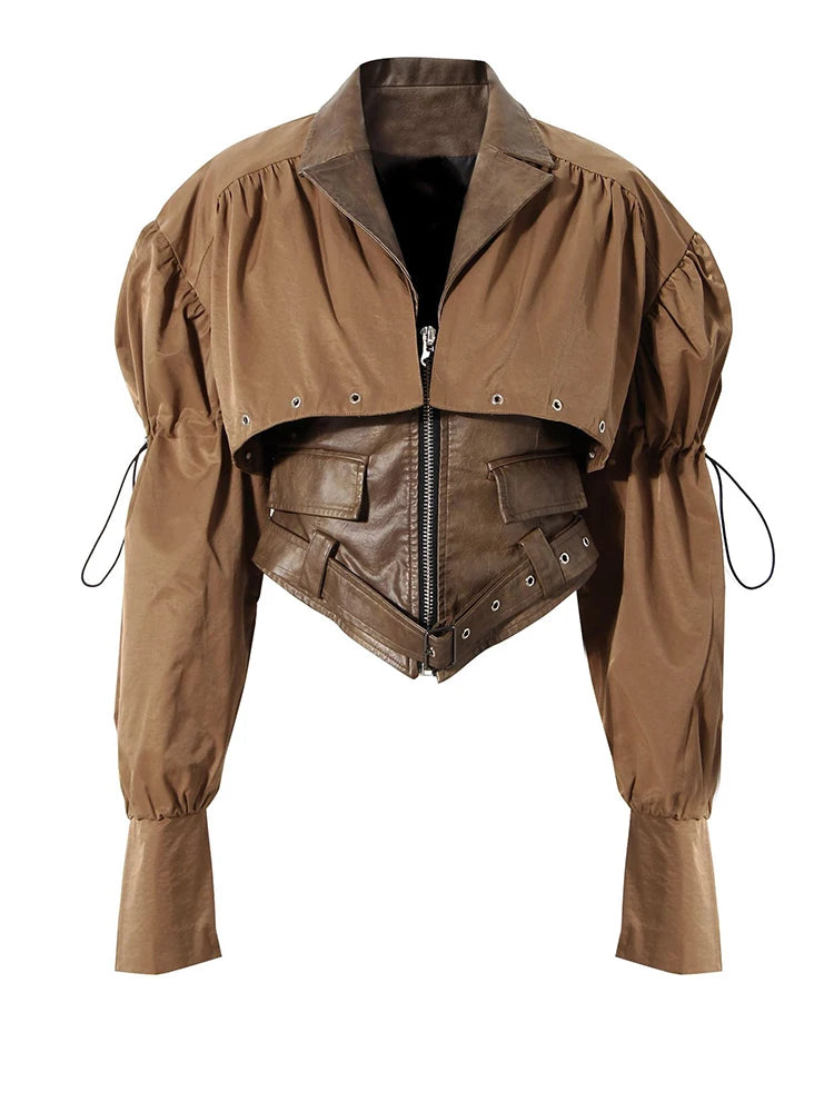 Coffee Pleated Belted Drawstring Leather Jacket New Lapel Long Sleeve Women Coat Fashion Tide Spring Autumn 2025 1DF5260