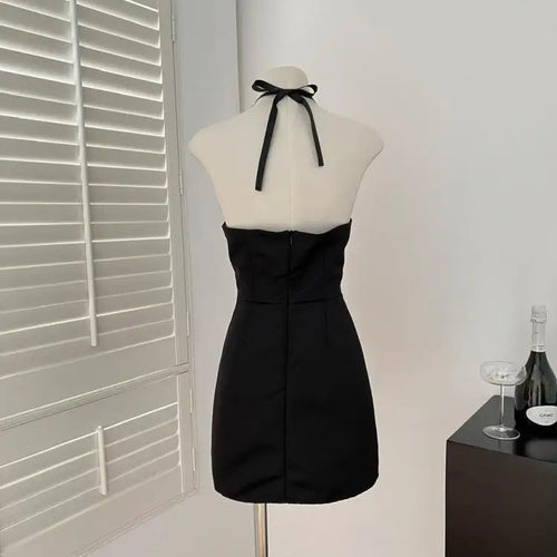 Load image into Gallery viewer, French Black Diamond Backless Halter Lace-up Short Dress Summer Red Sexy Club High Waist Elegant Sleeveless Party Evening Dress
