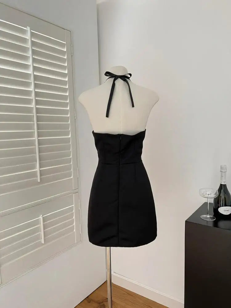 French Black Diamond Backless Halter Lace-up Short Dress Summer Red Sexy Club High Waist Elegant Sleeveless Party Evening Dress