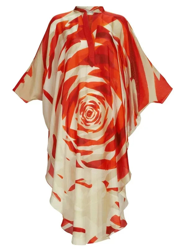 Fashion Flower Print Oversize Midi Elegant Dress Women 2025 Summer Autumn Womans Batwing Sleeve Loose Long Dresses