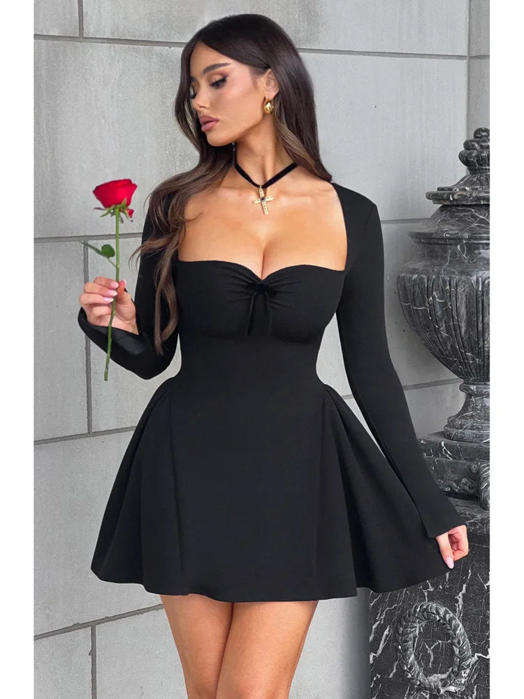 Elegant Long Sleeved High Stretch Tight Dress Women Sexy Square Neck Lace Up Vestido Bodycon Party Club Evening Dress