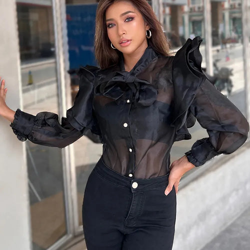 Load image into Gallery viewer, Black Bow Folds Shirt For Women Stand Collar Lantern Sleeve Patchwork Mesh Bohemian Blouse Female Summer Fashion
