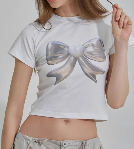 Summer T Shirts for Women Black Crop Tops Bow Print Short Sleeve O-neck Tees 2024 Ropa Mujer Fashion Casual Korean Y2k Tshirts