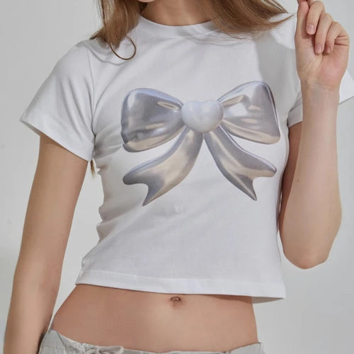 Load image into Gallery viewer, Summer T Shirts for Women Black Crop Tops Bow Print Short Sleeve O-neck Tees 2024 Ropa Mujer Fashion Casual Korean Y2k Tshirts
