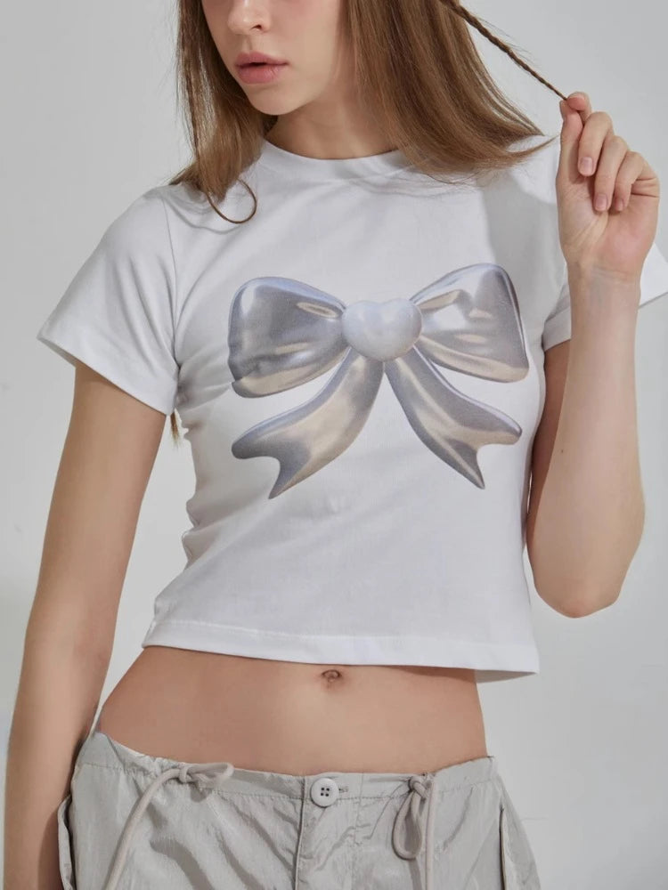 Summer T Shirts for Women Black Crop Tops Bow Print Short Sleeve O-neck Tees 2024 Ropa Mujer Fashion Casual Korean Y2k Tshirts