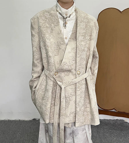 Chinese Style Men's Suit Jackets Linen Jacquard V-neck Double Breasted Lace-up Chic Button Loose Male Autumn 9C8869