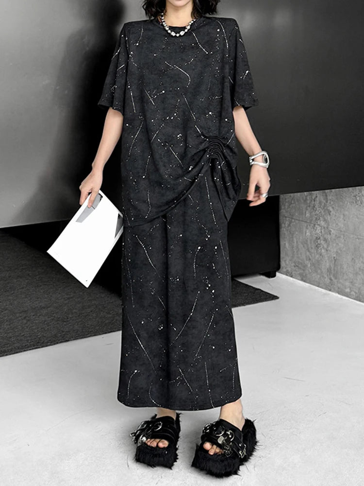 Printed Pleated T-shirt Skirt Two Pieces Suit New Round Neck Short Sleeve Women Fashion Tide Spring Summer 2025 1DJ1161