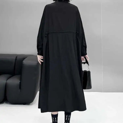 Load image into Gallery viewer, Women Black Big Size Elegant Shirt Dress Brief Pleated Hem New Lapel Long Sleeve Fashion Tide Spring Autumn 2025 1DH9327
