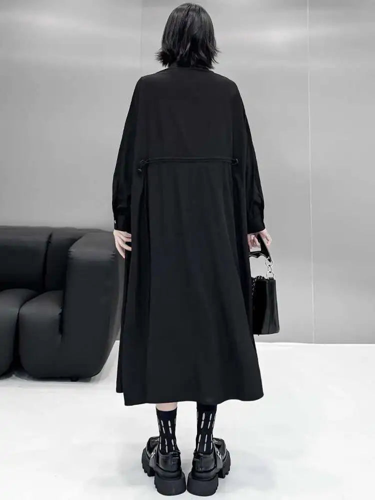 Women Black Big Size Elegant Shirt Dress Brief Pleated Hem New Lapel Long Sleeve Fashion Tide Spring Autumn 2025 1DH9327