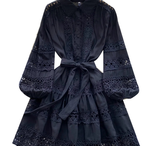 Load image into Gallery viewer, Summer French Black Embroidery Hollow Out Bandage Mini Dress Women White Elegant Single Breasted Lantern Sleeve Party Slim Dress
