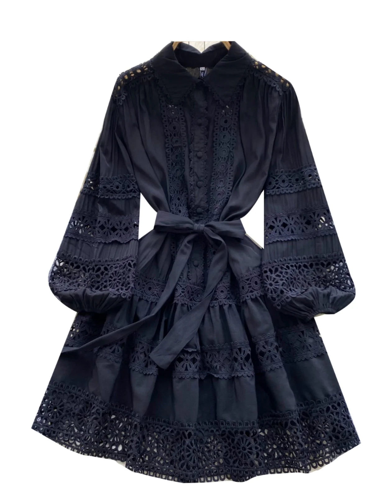 Summer French Black Embroidery Hollow Out Bandage Mini Dress Women White Elegant Single Breasted Lantern Sleeve Party Slim Dress