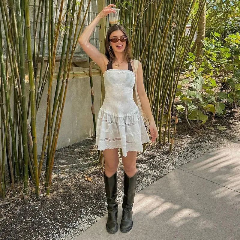 Off-shoulder Strapless A-line Sexy Mini Dress For Women Fashion Lace Sleeveless Backless High Waist Club Party Dress