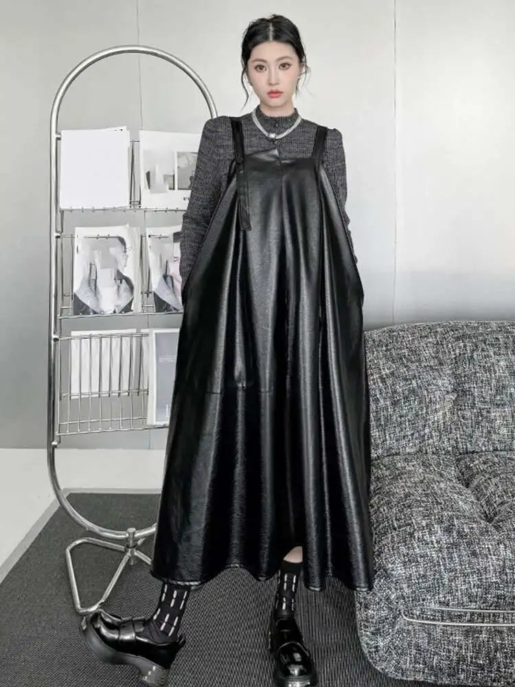 Women Black Pu Leather Big Size Casual Strap Dress New Square Collar Sleeveless Fashion Tide Spring Autumn 2025 1DH5160