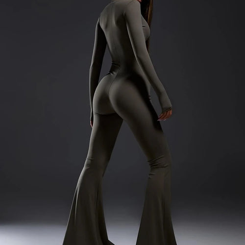 Load image into Gallery viewer, Autumn/Winter Long Sleeve Zipper Skinny Jumpsuit Women Elastic Tight Flare Playsuit Female Fashion Casual Sports Rompers
