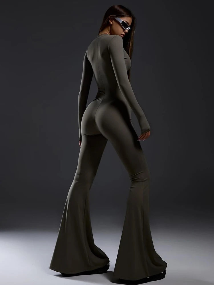 Autumn/Winter Long Sleeve Zipper Skinny Jumpsuit Women Elastic Tight Flare Playsuit Female Fashion Casual Sports Rompers