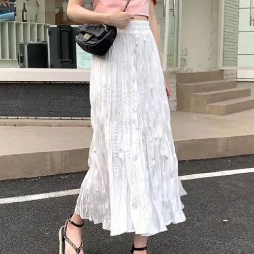 Load image into Gallery viewer, Vintage Black Elegant Elastic High Waist Long Skirts Women Streetwear Summer Fashion Korean Style Vacation White Pleated Skirt
