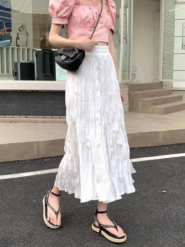 Vintage Black Elegant Elastic High Waist Long Skirts Women Streetwear Summer Fashion Korean Style Vacation White Pleated Skirt
